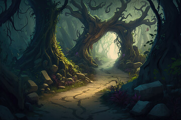 painting of a path through a forest, fantasy art illustration 