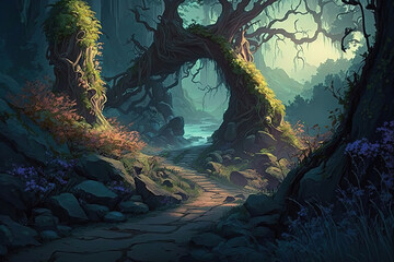 Fototapeta na wymiar painting of a path through a forest, fantasy art illustration 