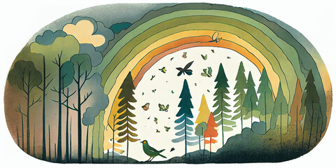 Illustration of Rainbow Over a  Forest. Generative ai