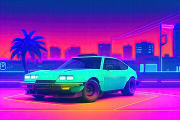 Obraz na płótnie Canvas 80s retro futuristic drive, vintage car. Synthwave sci-fi landscape. Retrowave style, night sky. Vaporwave. Generative AI