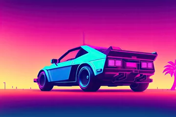 Zelfklevend Fotobehang 80s retro futuristic drive, vintage car. Synthwave sci-fi landscape. Retrowave style, night sky. Vaporwave. Generative AI © Aleksandr