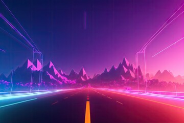 Neon road, sunset in retrowave style. 80s retro music - synthwave. Vintage 3d render illustration. Generative AI