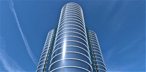 Look from the copter of the contemporary skyscraper with round glass facade. Amazing blue sky with aircraft stripes. 3d rendering.
