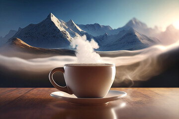 Hot cup of steaming coffee in front of snow valley. generated with AI