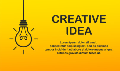 Creative idea logo. Symbol of creativity, half of light bulb and brain. Concept of Innovation, solution, education. Yellow banner with light bulb. Vector illustration