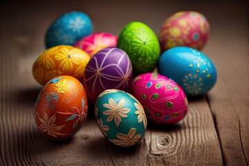 Fototapeta na wymiar Easter eggs colorful on wooden table