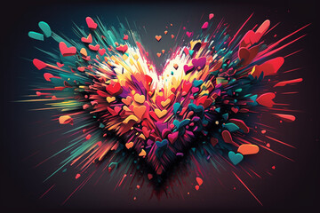 Heart exploding with multiple colors illustration style created with generative AI technology