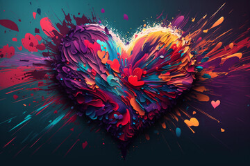 Heart exploding with multiple colors oil paint created with generative AI technology