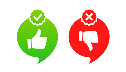 Thumbs up and thumbs up flat icon. I like it and I don't like it. Do's and Don'ts. Yes, no. Recommendation icons, good and bad choice labels. Tick and cross. Vector illustration - obrazy, fototapety, plakaty