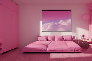 Dreamy Pink Mid Century Modern Bedroom Interior with Cloudscape Made with Generative AI