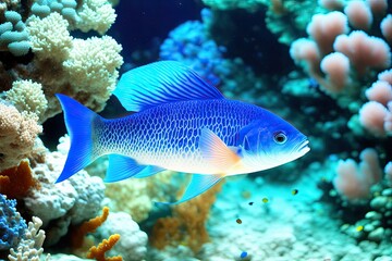 Underwater coral reef landscape with fish, generative ai, in the deep blue ocean with colorful marine life - obrazy, fototapety, plakaty