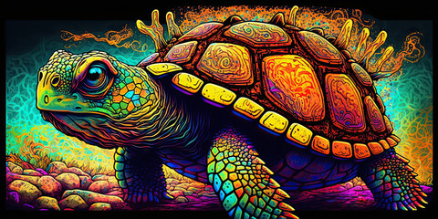 generative ai illustration, psychedelic colorful pattern on a turtle, cartoon style