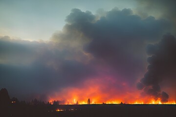 Fototapeta premium Burning wooden house at evening. Bright orange flames and dense smoke from under the tiled roof on dark sky, generative ai. Disaster and danger concept.