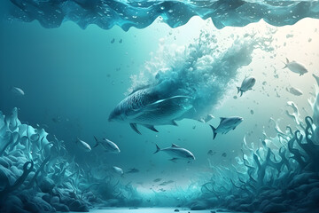 Marvelous ecological underwater fishes illustration, creative background, Generative Ai.