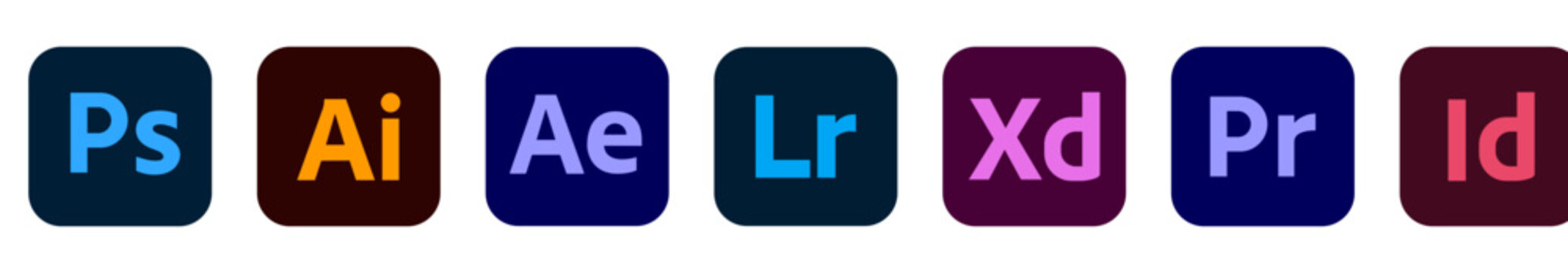 Adobe Products Icons. Photoshop, Illustrator, After Effects, Lightroom, Experience Design, Adobe Premiere Pro InDesign Animate