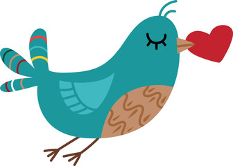 Cute bird carry heart. Love mail icon