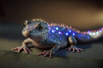 Fototapeta premium Baby dragon with shimmering diamond scales and neon created with Generative AI 