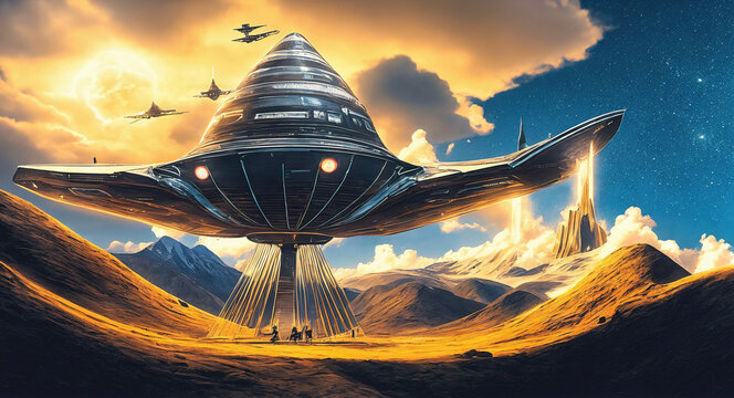 antasy illustration of giant space ship hovering over mountains dropping golden ray webs some other  ancient hindu flying palast of gods vimana space ships flying around, generative AI