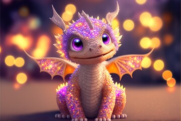 Baby dragon with shimmering diamond scales and neon created with Generative AI 