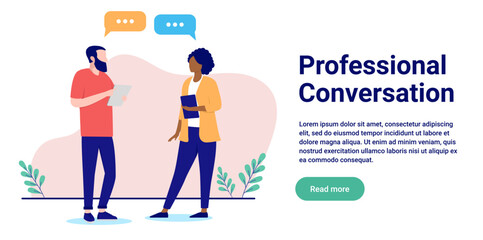 Professional conversation - Two business people talking and having dialogue at work with speech bubbles. Flat design vector illustration with copy space for text and white background