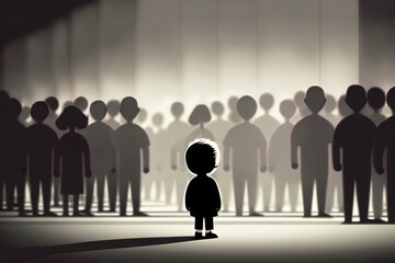 Lonely child who was left behind. A silhouette noir image of an abandoned child standing lonely apart from the crowd. A missing boy looking for his parent. Digital illustration generative AI. - obrazy, fototapety, plakaty