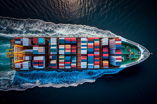 Shipping containers transportation by sea. Container vessel by Mediterranean Shipping, drone view. Container Ship with Maritime Containers. Shipping container, AI Generative illustration.