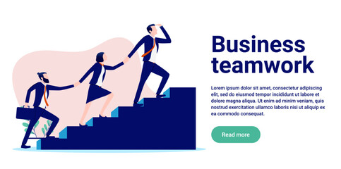 Business teamwork - Team of people walking up staircase following the leader to the top. Flat design vector illustration with copy space and white background