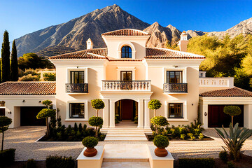 Fototapeta premium Luxury Villa exterior with swimming pool. Green garden and palm trees. Luxury home in Spain. Tropical Villa Resort, Spanish Real Estate in Sierra Blanca, Marbella. Lesidence at seashore. Ai Generative