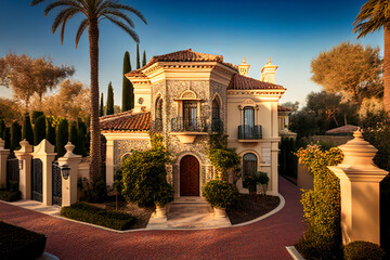 Obraz premium Luxury Villa exterior with swimming pool. Green garden and palm trees. Luxury home in Spain. Tropical Villa Resort, Spanish Real Estate in Sierra Blanca, Marbella. Lesidence at seashore. Ai Generative