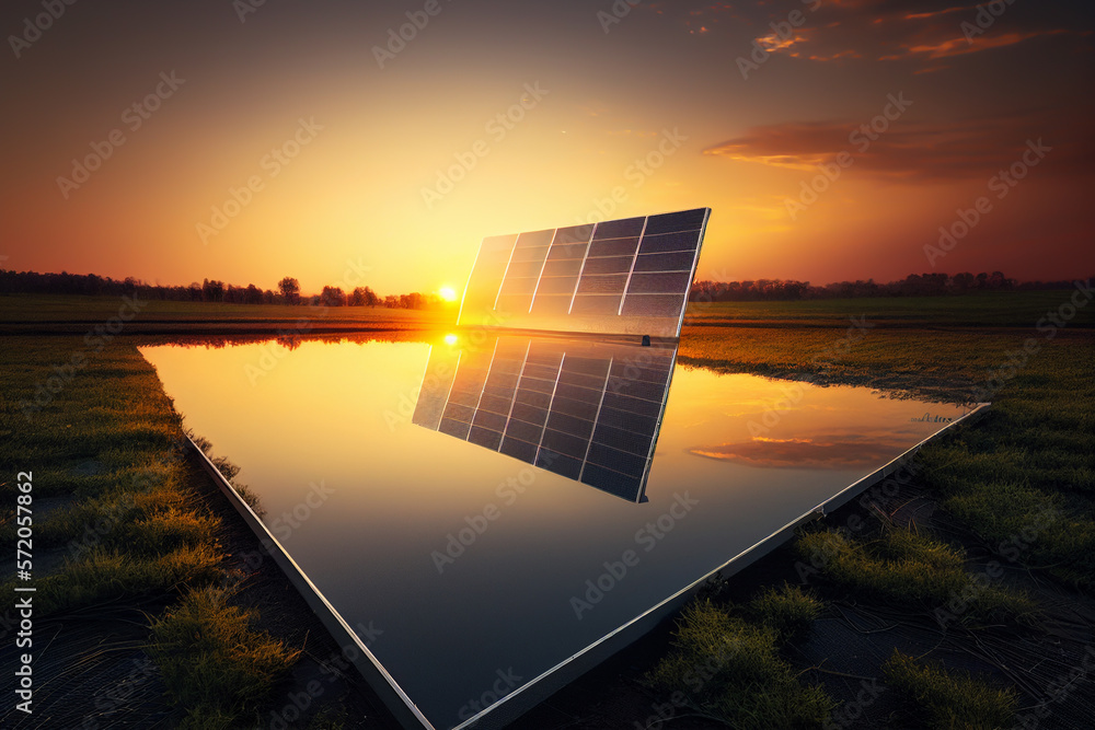 Wall mural Solar panels in green field on sunset. Solar energy from solar panels. Photovoltaic, alternative source of electricity. Renewable energy background with green energy of Solar panels. Ai Generative