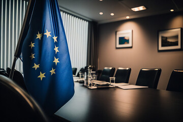 Meeting room with European flag. Conference hall. Conference room interior. Office Conference Room Meeting. Empty meeting room. Business Conference Office. Political leader discussing. Congress.