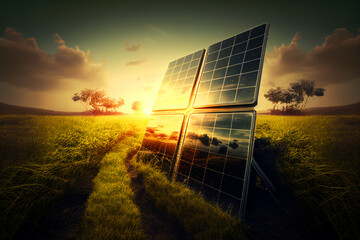 Solar panels in green field on sunset. Solar energy from solar panels. Photovoltaic, alternative source of electricity. Renewable energy background with green energy of Solar panels. Ai Generative