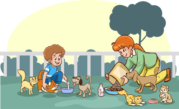 Mother And Kids Feeding Stray Animals Cartoon Vector