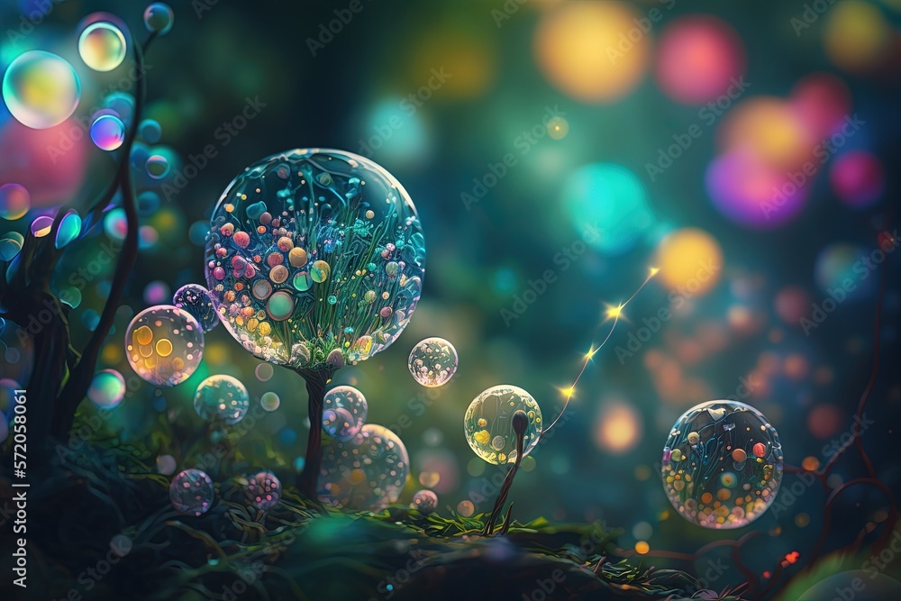 Poster a group of bubbles floating on top of a grass covered field. generative ai