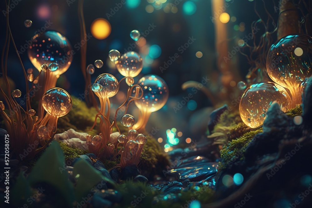 Poster a group of bubbles floating on top of a lush green field. generative ai