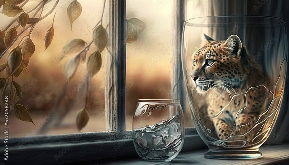 Poster a painting of a leopard sitting in a window sill. generative ai