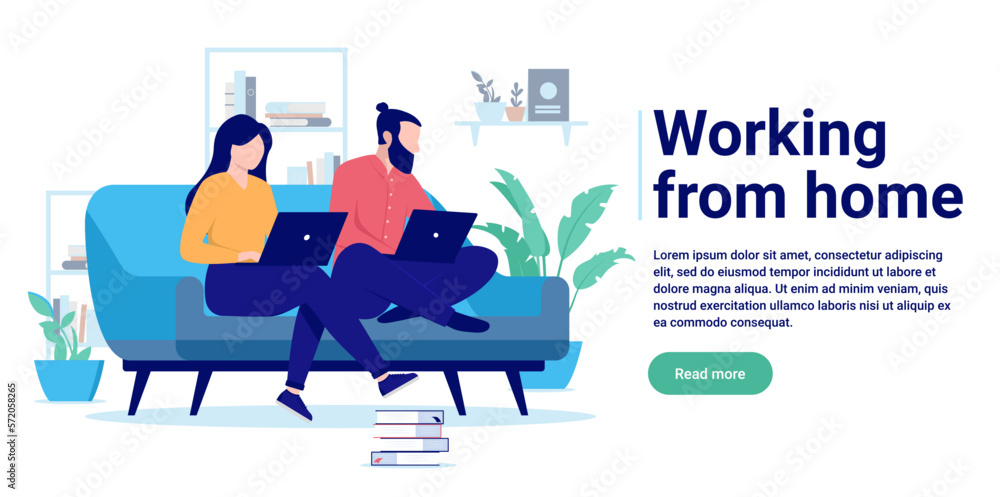 Poster working from home - couple with computers sitting in couch doing work remotely online. flat design v