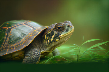 Fototapeta na wymiar In aller Ruhe: Eine Schildkröte genießt das Grün - Generative Ai