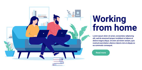 Working from home - Couple with computers sitting in couch doing work remotely online. Flat design vector illustration with copy space for text and white background