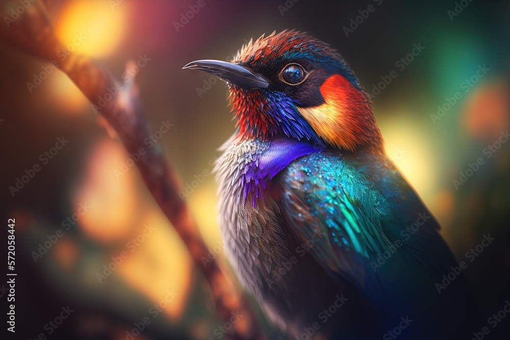 Poster a colorful bird sitting on a tree branch with a blurry background. generative ai