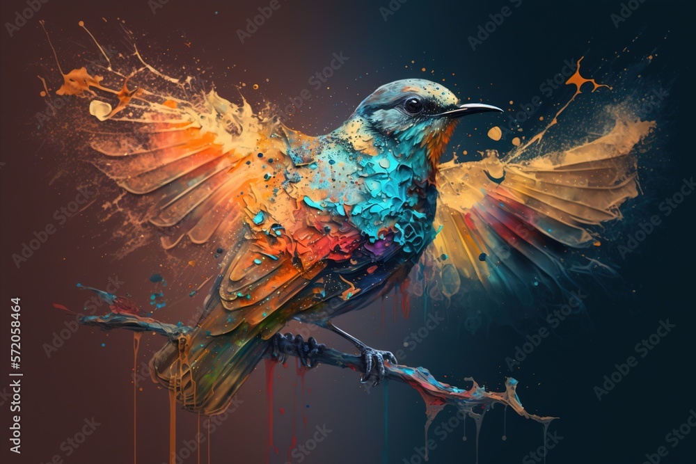 Poster a colorful bird sitting on a branch with paint splatters all over it. generative ai