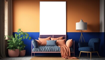empty hanging picture frame in living room, modern industrial style interior design, blank white mock-up space for your photo or message mock-up , blue orange tone color room, Generative Ai