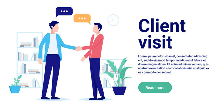 Client visit - Customer visiting office shaking hands and having agreement. Flat design vector illustration with copy space for text and white background