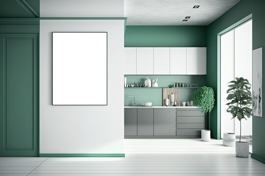 empty hanging picture frame in kitchen room, modern industrial style interior design, blank white mock-up space for your photo or message mock-up , green grey  tone color room, Generative Ai
