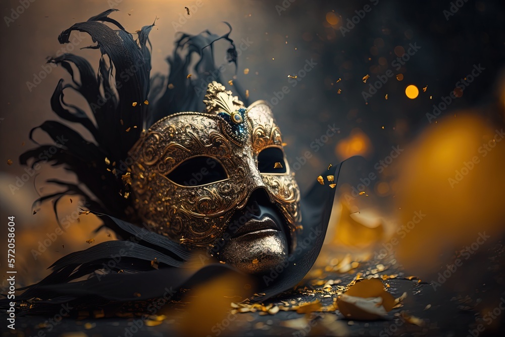 Poster a masquerade mask with feathers on a dark background. generative ai
