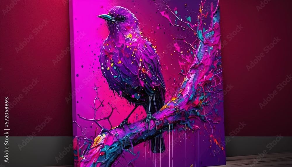 Poster a painting of a bird sitting on a branch with paint splatters all over it. generative ai