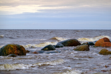 The waves of the Baltic Sea wash the stones of different sizes on the shore