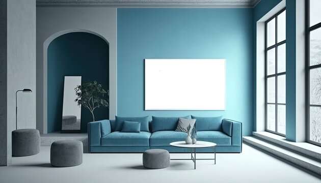 empty hanging picture frame in living room, modern industrial style interior design, blank white mock-up space for your photo or message mock-up , blue grey tone color room, Generative Ai