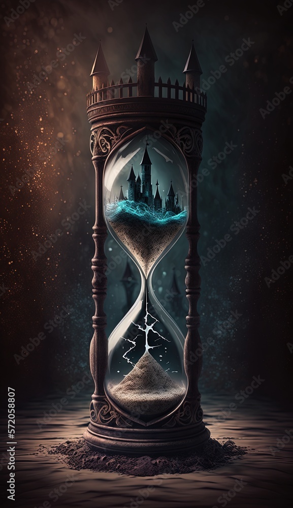Poster an hourglass with a castle inside of it on a table. generative ai