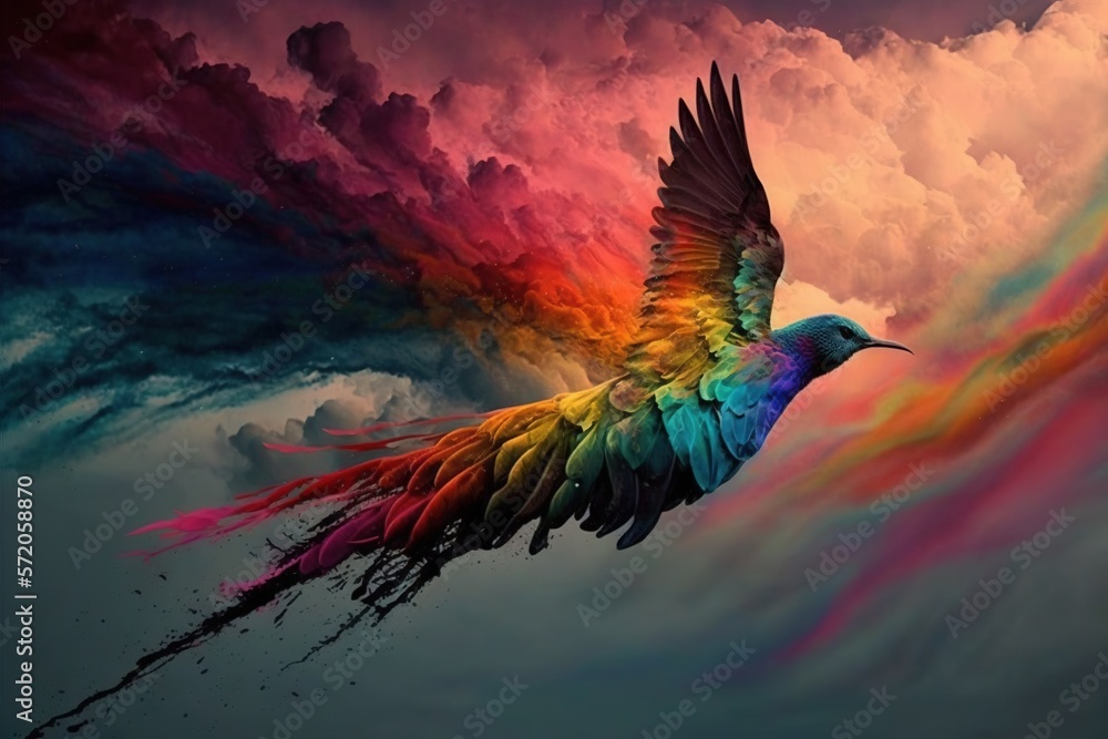 Poster a colorful bird flying through the air with clouds in the background. generative ai
